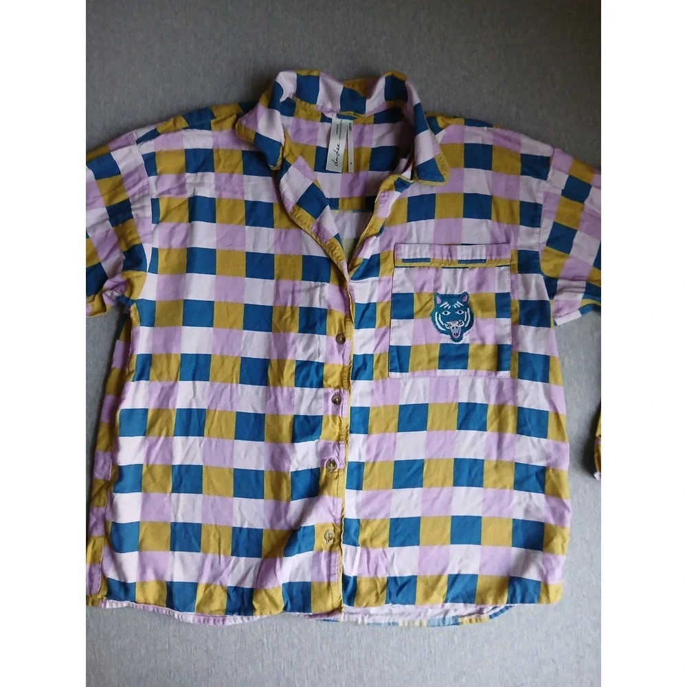 Anthropologie Pajama Set Medium Pants Tiger Checkered Comfort Lounge Sleep - Picture 9 of 16